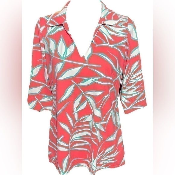 Katherine Way Nola Ladies Tunic Top  Multi-Color Orange Leaf Pattern Golf Sz M - Picture 1 of 16